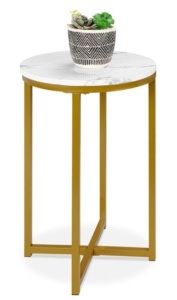 Round Coffee Side Table w/ Faux Marble Top, Metal Frame - 16in, White/Bronze Gold