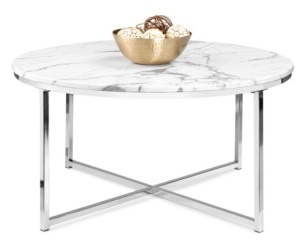 Round Coffee Table w/ Faux Marble Top, Metal Frame - 36in, Chrome