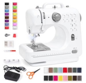 6V Portable Foot Pedal Sewing Machine w/ 12 Stitch Patterns, Gray/White