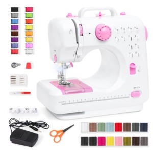 6V Portable Foot Pedal Sewing Machine w/ 12 Stitch Patterns, Pink/White