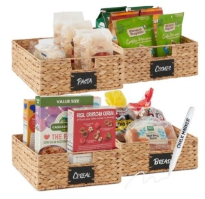 Set of 4 Water Hyacinth Pantry Baskets w/ Chalkboard, Chalk Marker, Natural