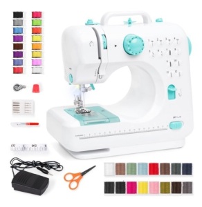 6V Portable Foot Pedal Sewing Machine w/ 12 Stitch Patterns, Teal/White