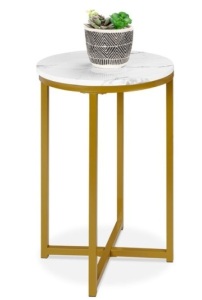 Round Coffee Side Table w/ Faux Marble Top, Metal Frame - 16in, White/Bronze Gold