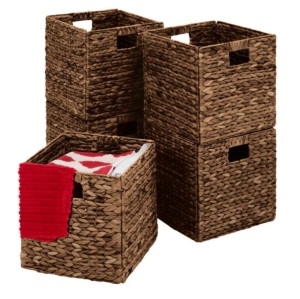 Set of 5 Collapsible Hyacinth Storage Baskets w/ Inserts - 12x12in, Espresso