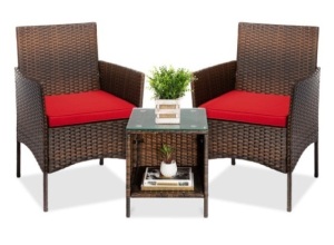 3-Piece Outdoor Patio Wicker Bistro Set w/ Side Storage Table, Brown/Red 