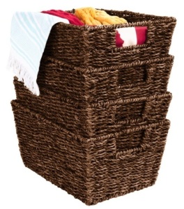 Set of 4 Seagrass Storage Tote Baskets, Laundry Organizer w/ Insert Handles, Brown