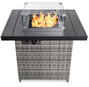 32in Fire Pit Table 50,000 BTU Wicker Propane w/ Wind Guard, Cover, Ash Gray