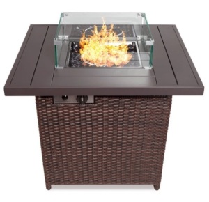 32in Fire Pit Table 50,000 BTU Wicker Propane w/ Wind Guard, Cover, Brown