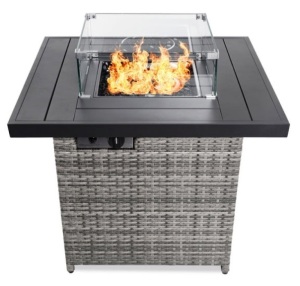 32in Fire Pit Table 50,000 BTU Wicker Propane w/ Wind Guard, Cover, Ash Gray