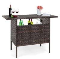 Outdoor Wicker Bar Counter Table w/ 2 Steel Shelves, 2 Rails, Appears New