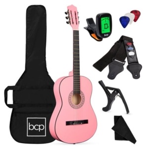 Beginner Acoustic Guitar Set w/ Case, Strap, Digital Tuner, Strings - 38in, Pink