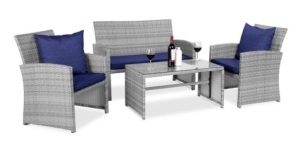 4-Piece Outdoor Wicker Conversation Patio Set w/ 4 Seats, Glass Table Top, Gray/Navy