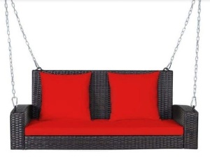 2-Person Patio Rattan Hanging Porch Swing Bench Chair Red Cushion