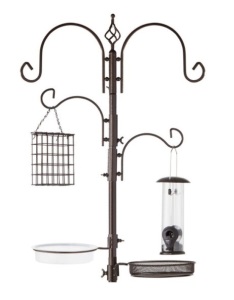 4-Hook Bird Feeding Station, Steel Feeder Stand w/ 2 Bird Feeders - 91in, Bronze