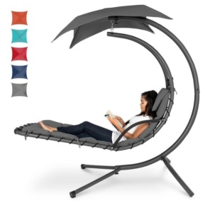 Hanging Curved Chaise Lounge Chair w/ Built-In Pillow, Removable Canopy, Charcoal Gray