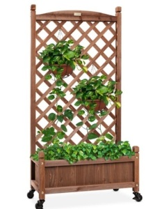 Wood Planter Box & Lattice Trellis w/ Drainage, Optional Wheels - 60in