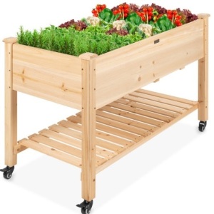 Mobile Raised Garden Bed Elevated Wood Planter w/ Wheels, Storage Shelf