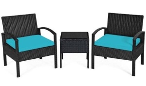 3-Piece Plastic Wicker Patio Conversation Set with CushionGuard Turquoise Cushions