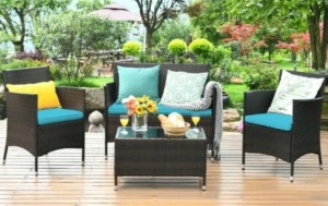 Costway 4PCS Outdoor Patio PE Rattan Wicker Table Shelf Sofa Furniture Set With Cushion