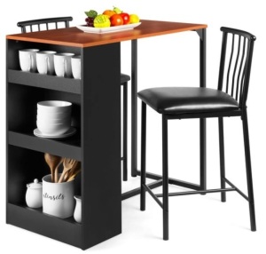 3-Piece Counter Height Kitchen Dining Table Set w/ Storage Shelves