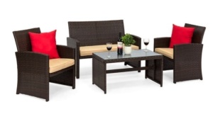 4-Piece Outdoor Wicker Conversation Patio Set w/ 4 Seats, Glass Table Top, Brown/Beige