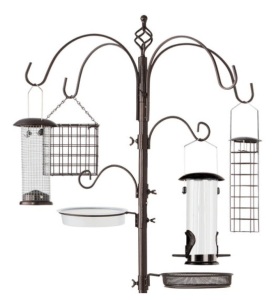 Bird Feeding Station, 6-Hook Steel Multi-Feeder Stand w/ 4 Feeders - 89in, Bronze