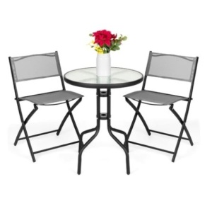 3-Piece Bistro Set w/ Glass Table, 2 Foldable Chairs, Gray