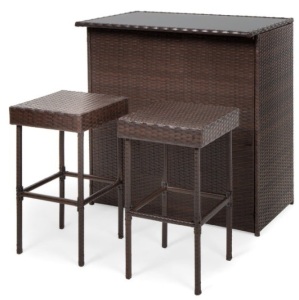 3-Piece Outdoor All-Weather Wicker Bar Table Set w/ 2 Stools