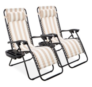 Set of 2 Adjustable Zero Gravity Patio Chair Recliners w/ Cup Holders, Tan Striped