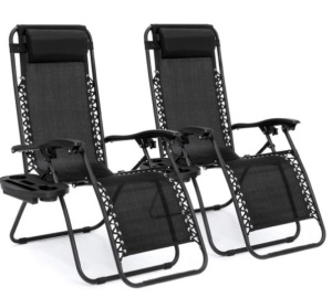 Set of 2 Adjustable Zero Gravity Patio Chair Recliners w/ Cup Holders, Black