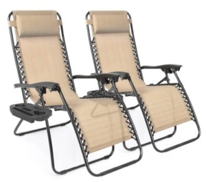 Set of 2 Adjustable Zero Gravity Patio Chair Recliners w/ Cup Holders, Sand