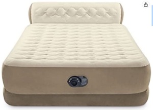 Intex Dura-Beam Air Mattress Deluxe Comfort Headboard Airbed Queen 18 Inch Height Internal Pump (Brown/Beige)