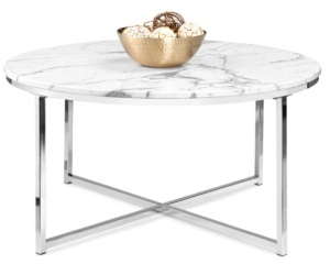 Round Coffee Table w/ Faux Marble Top, Metal Frame - 36in, Chrome