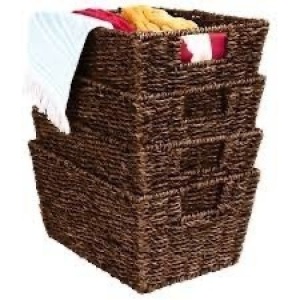 Set of 4 Seagrass Storage Tote Baskets, Laundry Organizer w/ Insert Handles