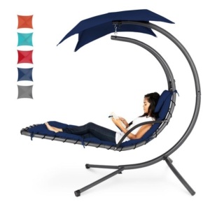 Hanging Curved Chaise Lounge Chair w/ Built-In Pillow, Removable Canopy, Navy Blue