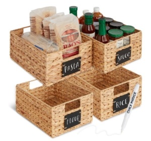 Set of 4 Water Hyacinth Pantry Baskets w/ Chalkboard, Marker - 12in