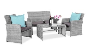 4-Piece Outdoor Wicker Conversation Patio Set w/ 4 Seats, Glass Table Top, Gray/Gray