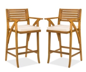 Set of 2 Outdoor Acacia Wood Bar Stools Chairs w/ Weather-Resistant Cushions