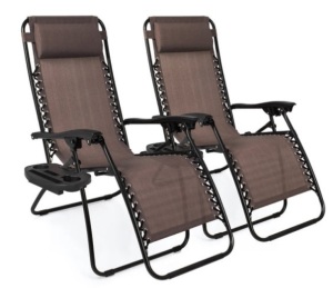 Set of 2 Adjustable Zero Gravity Patio Chair Recliners w/ Cup Holders, Brown