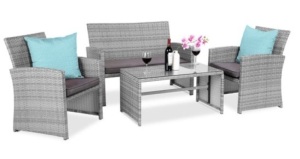 4-Piece Outdoor Wicker Conversation Patio Set w/ 4 Seats, Glass Table Top, Gray/Gray