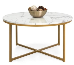 Round Coffee Table w/ Faux Marble Top, Metal Frame - 36in, Gold