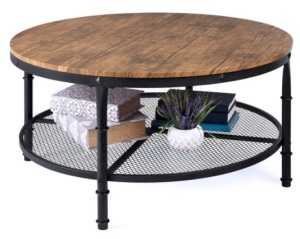 2-Tier Round Industrial Wood & Steel Coffee Table, Storage Shelves - 35.5in, Brown