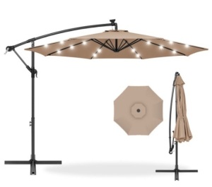 Solar LED Offset Hanging Patio Umbrella w/ Crank Tilt Adjustment - 10ft, Tan