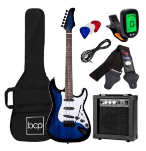 Beginner Electric Guitar Kit w/ Case, 10W Amp, Tremolo Bar - 39in, Hollywood Blue