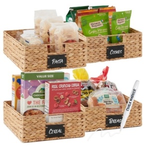 Set of 4 Water Hyacinth Pantry Baskets w/ Chalkboard, Chalk Marker, Natural