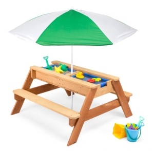 3-in-1 Kids Sand & Water Table Outdoor Wood Picnic Table w/ Umbrella, Green