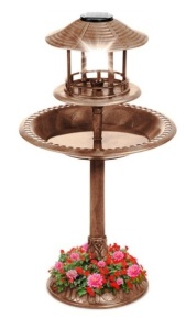 Solar Lighted Outdoor Pedestal Bird Bath w/ Planter, Decorative Bird Cage, Bronze