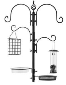 4-Hook Bird Feeding Station, Steel Feeder Stand w/ 2 Bird Feeders - 91in, Black