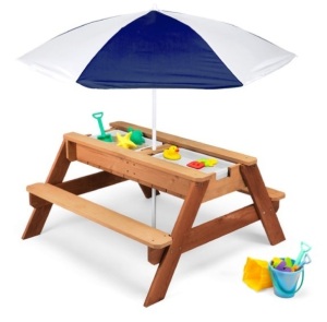 3-in-1 Kids Sand & Water Table Outdoor Wood Picnic Table w/ Umbrella, Navy