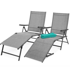 Set of 2 Outdoor Patio Chaise Recliner Lounge Chairs w/ Rust-Resistant Frame, Gray